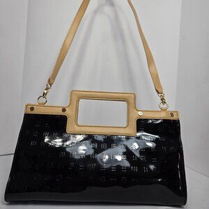 Iman Black Patent Faux Leather Hand Shoulder Bag Tan trim & removeable strap Vnt